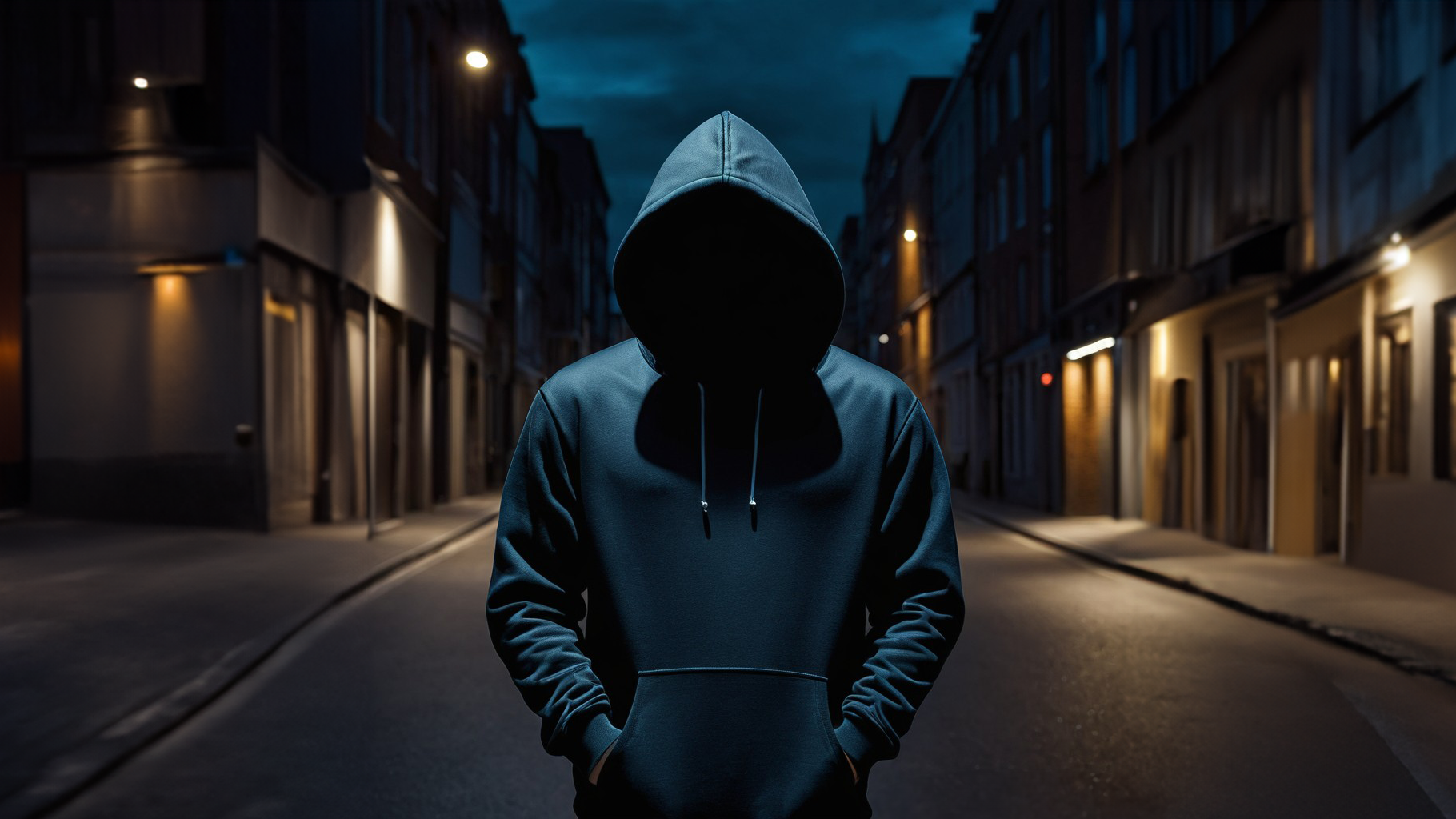 Eine dunkle, menschenleere Straße bei Nacht, beleuchtet von vereinzelten Straßenlaternen. Im Vordergrund steht eine Person in einem dunklen Hoodie mit der Kapuze tief ins Gesicht gezogen, das Gesicht bleibt im Schatten verborgen. Das Bild erzeugt eine Atmosphäre von Unsicherheit und Bedrohung.